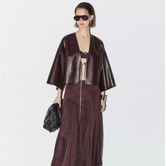 MASSIMO DUTTI NAPPA LEATHER V-NECK KIMONO